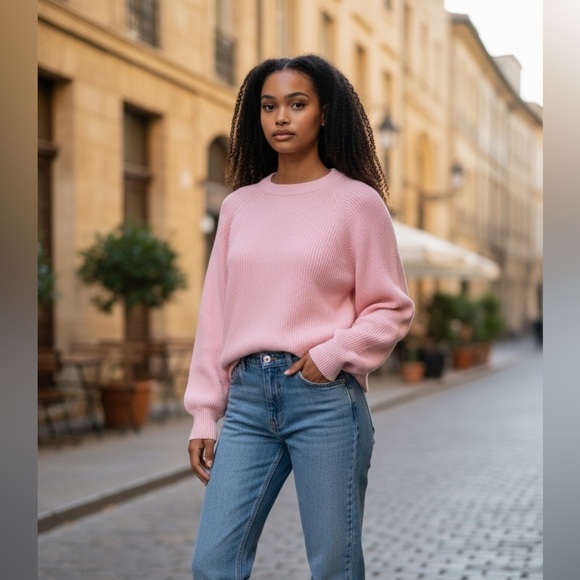 Eddie Bauer Pink Cotton Crewneck sweater full slight bishop sleeves size large - Picture 2 of 10